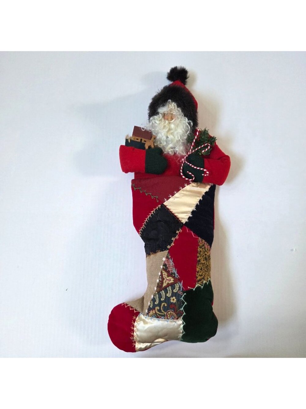 Vintage House of Hatten Crazy Quilt Patchwork Stocking 3D Santa Folk Art